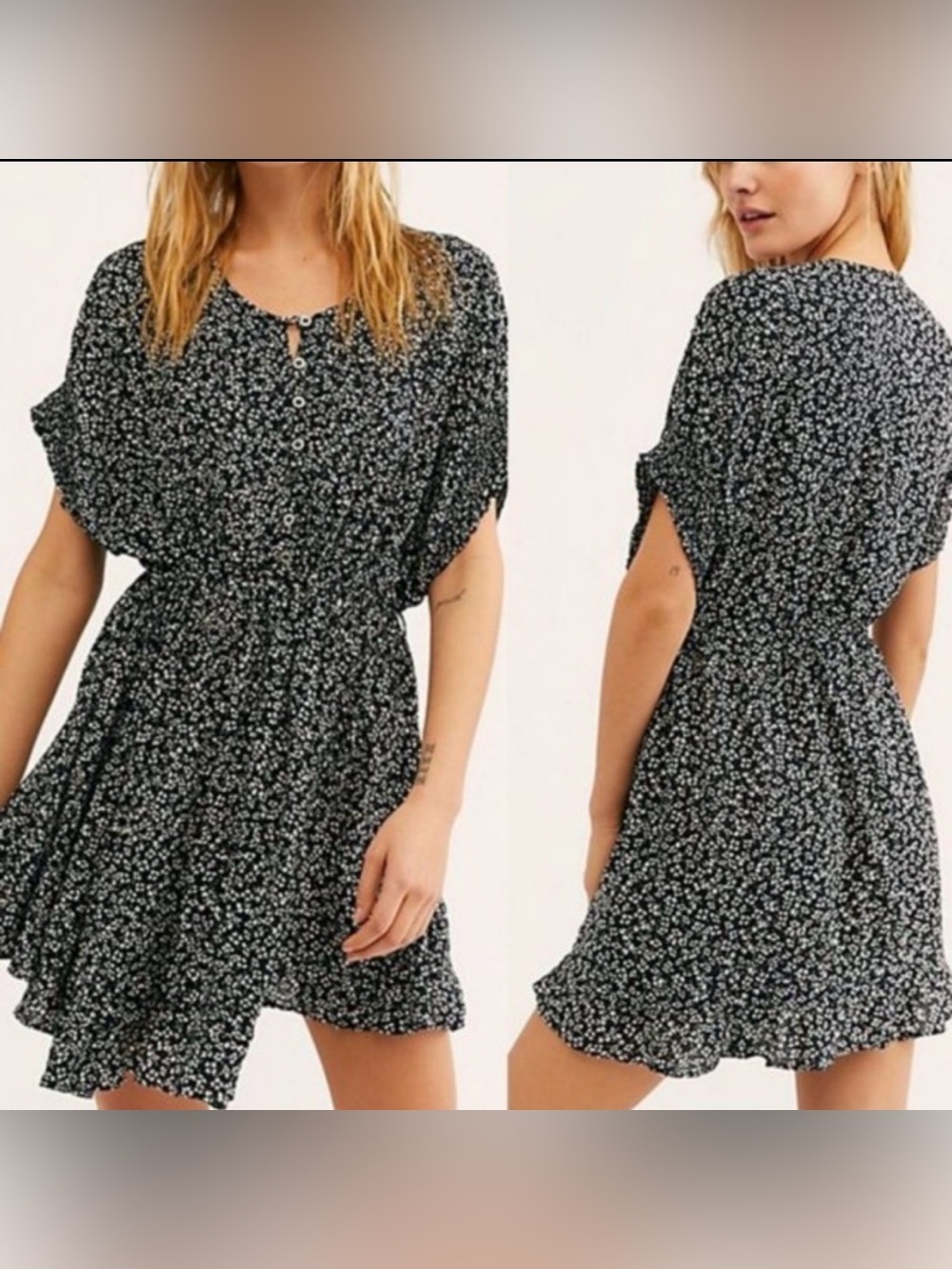 Free People Black Floral Button-Front Mini Dress